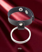 Leather Play Metal Cock Ring and Ball Divider Bondage Kit — Black — Coy